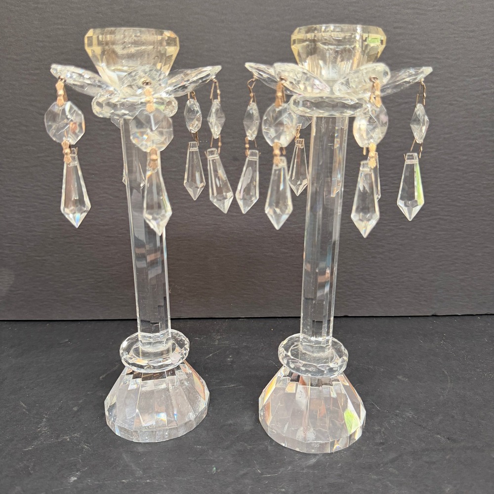 Vintage Crystal Glass Candlestick Holders Set of 2 READ Prisms Hollywood Regency
